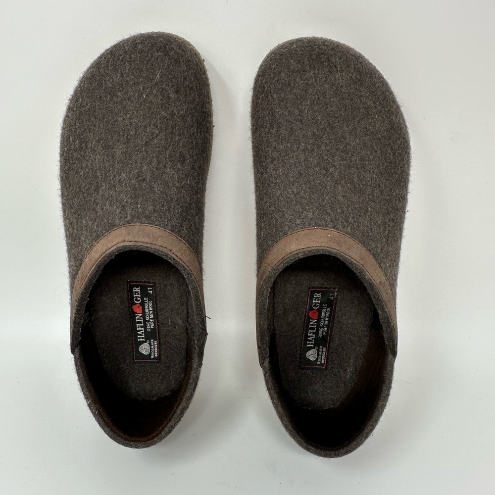 Haflinger Gray Wool Clogs with Brown Trim - Picture 2 of 13